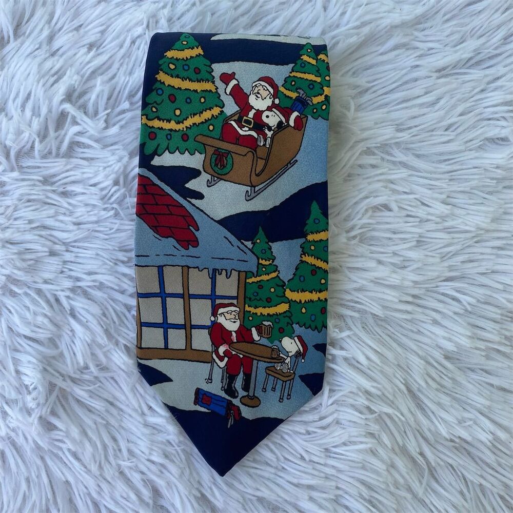 Peanuts Snoopy & Santa Christmas Silk Tie Playing Golf